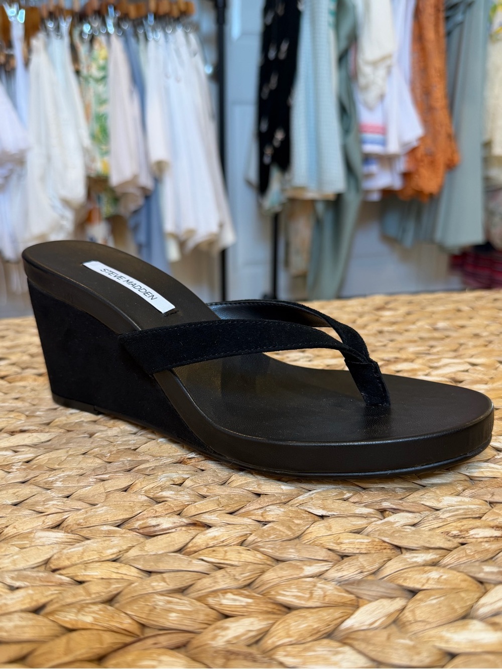 Playing Black Suede Thong Wedge Sandal |STEVE MADDEN